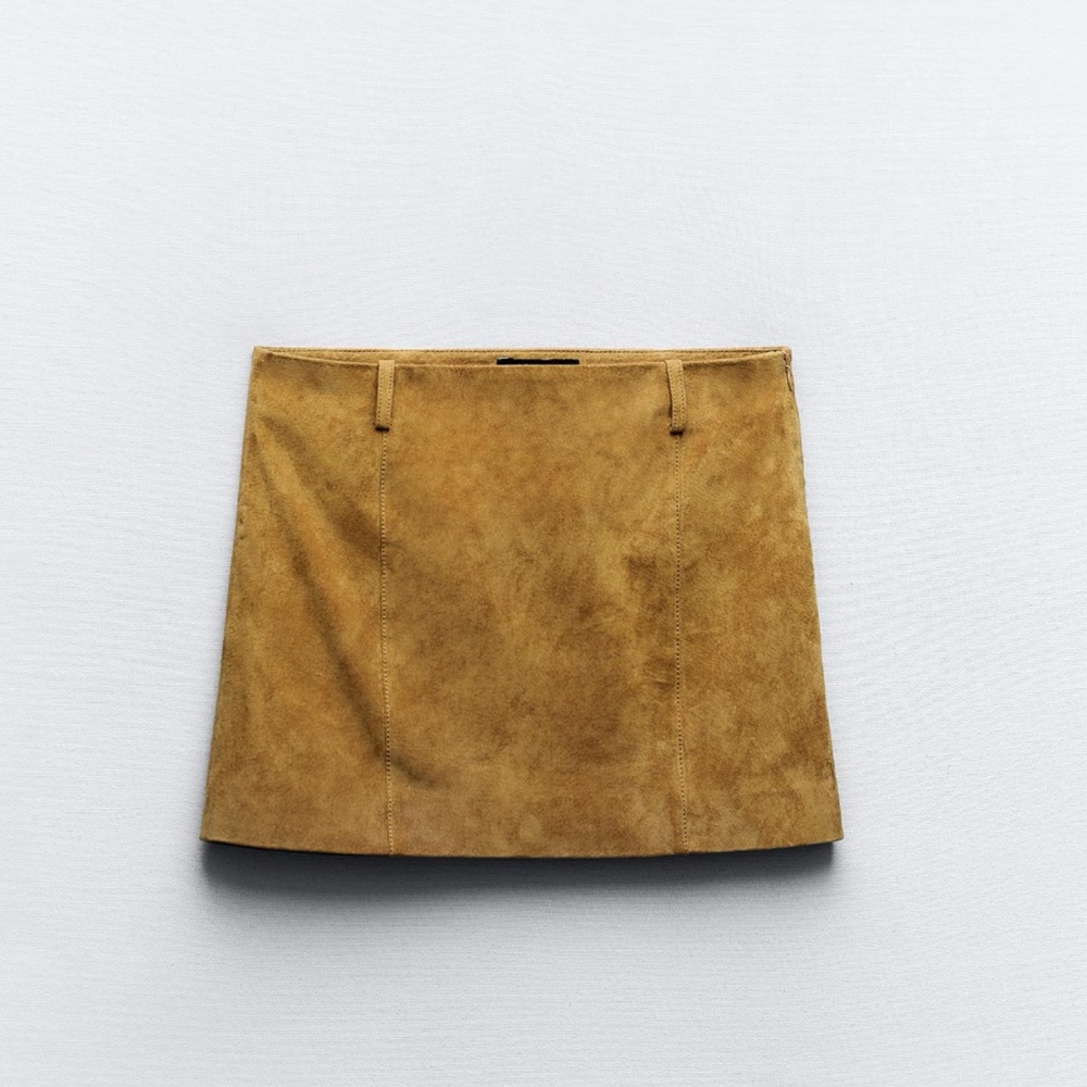 Suede Leather Mini Skirt in Camel